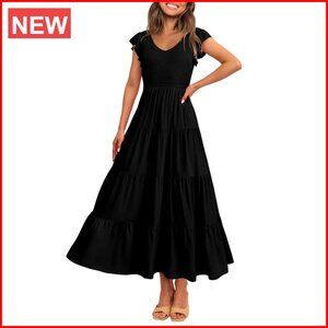 Summer Maxi Dress V-Neck Cap Sleeve Smocked Top Flowy Beach Sundress